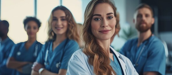 Obraz premium Diverse team of professional doctors standing in a row for medical conference
