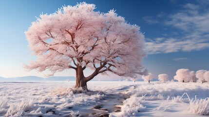 A serene winter landscape, a pristine snow-covered field under the soft glow of the morning sun, a s