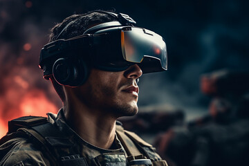 A hightech military drone piloted by a focused soldier wearing advanced vr glasses generative AI picture