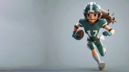 A woman cartoon american football player in green jersey isolated on gray - obrazy, fototapety, plakaty