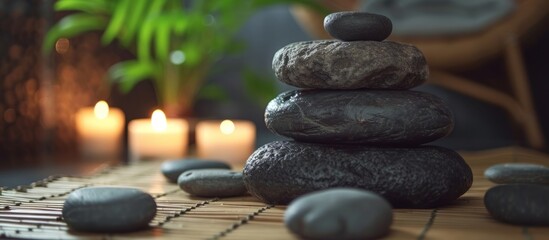 Zen garden concept with a pile of rocks on top of a bamboo mat, creating a peaceful and harmonious setting