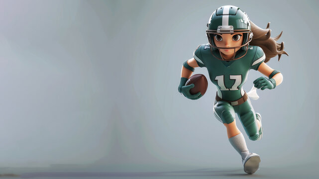 A woman cartoon american football player in green jersey isolated on gray