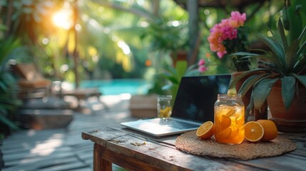Tropical Home Office: Refreshing Workspace by the Pool