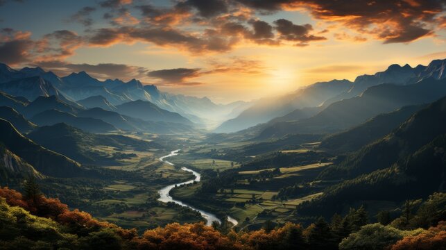A majestic mountain range at sunrise, the peaks bathed in a warm golden light, the valleys still shr
