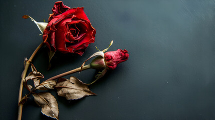 Two red roses, members of the rose family, lie on a dark surface - Powered by Adobe