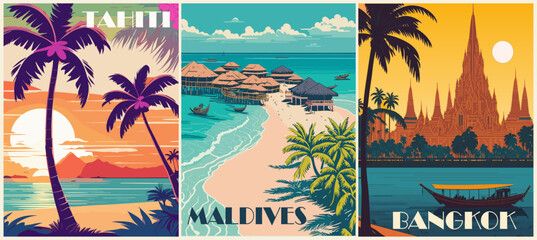 Fototapeta premium Set of Travel Destination Posters in retro style. Bangkok, Thailand, Maldives, Tahiti French Polinezia prints. Exotic summer vacation, holidays, tourism concept. Vintage vector colorful illustrations.