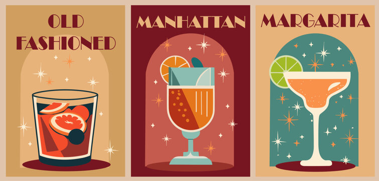 Cocktails retro poster set. Manhattan, Margarita, Old Fashioned. Collection of popular alcohol drinks. Vintage flat vector illustrations for bar, pub, restaurant decoration, kitchen wall art print.
