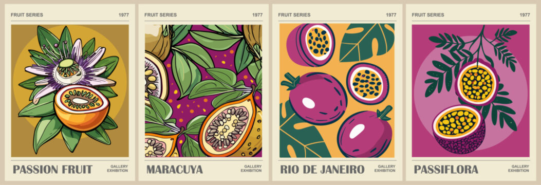 Set of abstract Passion Fruit Market retro posters. Trendy kitchen gallery wall art with Maracuya, Passiflora fruits. Modern naive groovy funky interior decoration, painting. Vector art illustration.