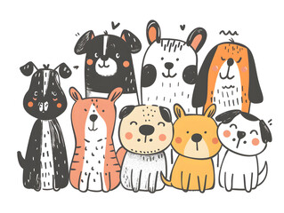 Obraz premium a group of dogs of different sizes on a white background in a cartoon style, made in the form of a hand-drawn design