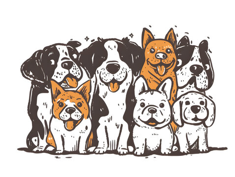 a group of happy dogs of different sizes on a white background in anime style made in the form of a hand-drawn drawing