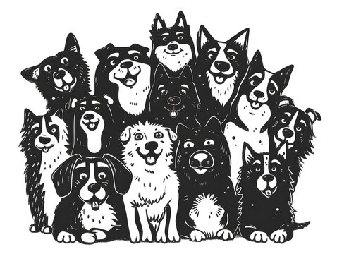 A group of dogs on a white background in anime style made in the form of a handmade black and white drawing