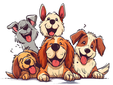 A group of laughing dogs on a white background in an anime style made in the form of a hand-drawn drawing.