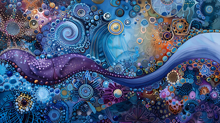 a blue and purple painting with a swirl in the middle