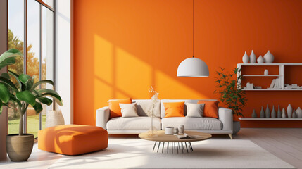 A modern living room with a monochromatic color scheme, a vibrant orange accent wall, and minimalist furniture.