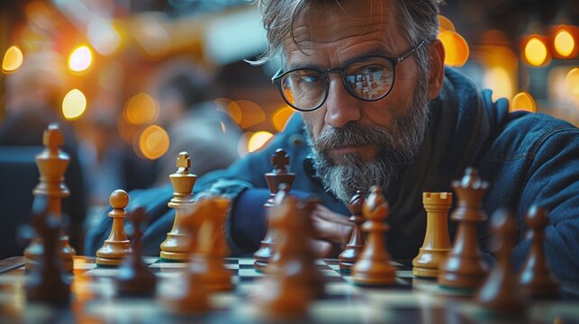 Portrait of a bearded senior man thinking about game strategy and competing in a chess tournament