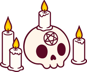 Cartoon skull drawing with candles and pentagram. Spooky dark magic ritual. Cute tattoo or sticker print, hand drawn doodle.  © sudowoodo