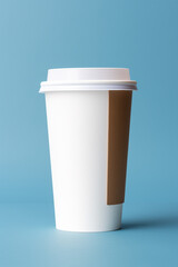 Blank takeaway coffee cup in blue background. Disposable eco-friendly cup. Packaging template for product design, branding, and display. Generative AI 