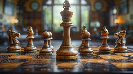 Chess on chess board game for business metaphor leadership concept select focus on king chess in vintage room