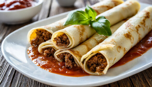 Meat pancake roll with tomato sauce