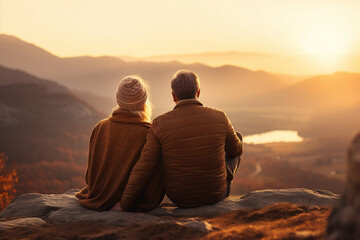 Elderly happy couple enjoying life together admiting sunset in mountains Generative AI technology picture image - obrazy, fototapety, plakaty