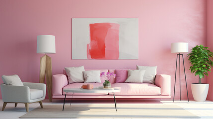 A modern living room with a neutral color palette, a vibrant pink accent wall, and minimalist furniture.