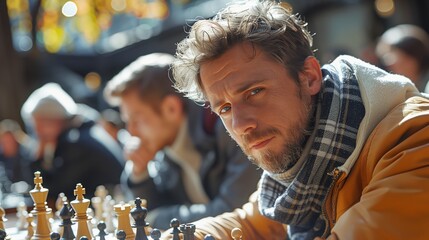Fototapeta na wymiar Portrait of a bearded man competing in a championship chess tournament