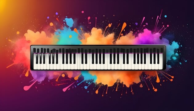 World music day banner with piano keyboard on abstract colorful dust background. Music day event and musical instruments colorful design