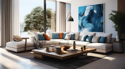 A modern living room with a neutral color palette, clean lines, and pops of vibrant blue in the accent pillows.