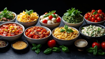 A variety of ingredients for an Italian menu of fresh tomatoes and basil, olives and cheese are located on a dark surface. Concept: food for gourmets and lovers of Mediterranean cuisine.