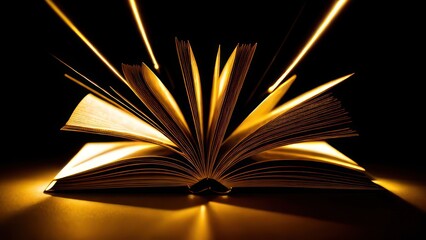 Golden book on black background, golden rays around the book, glow, lines, sparks