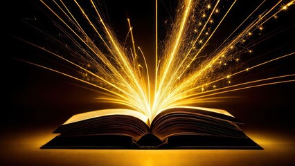 Golden book on black background, golden rays around the book, glow, lines, sparks