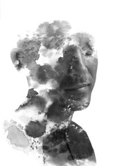 A paintography double exposure male portrait combined with black paint stains - 739350288
