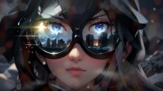 An anime image depicts a woman wearing glasses, facing a majestic mountain landscape and a bustling city, Seamless looping time-lapse animation video background  Generated AI