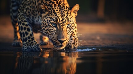 Leopard drinks water in aquatic animals on safari The image of a leopard using its mouth to create a small stream of water. In the safari landscape pictures It is a vivid and pleasing sight throughout - obrazy, fototapety, plakaty