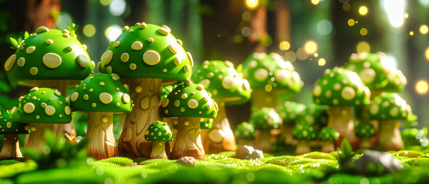 A forests hidden gems, where mushrooms rise among moss and leaves, a macro world of color and life under the canopy