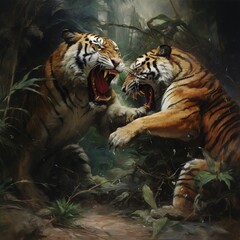Tigers fighting, their powerful bodies clash in dance of dominance and survival. Each swipe of their claws sends tremors through the earth, while their roars echo through the jungle,marking territory.