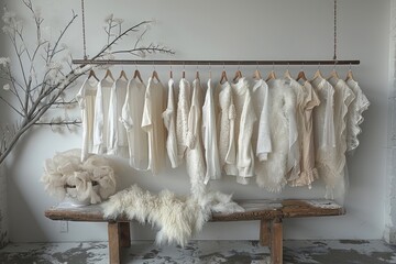 A pristine display of winter fashion, a wall adorned with an array of white garments, beckoning to be worn in the cozy indoors