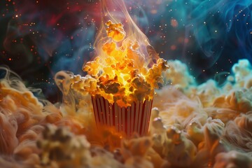 action movie popcorn exploding in a ball of fire and smoke - obrazy, fototapety, plakaty