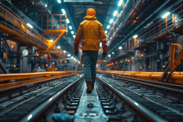 A solitary figure, dressed in rugged clothing, traverses the abandoned train track within the industrial confines of an old factory, evoking a sense of longing and nostalgia for a bygone era of trans