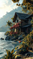 Obraz premium A secluded house standing on a rocky shore on the ocean coast.