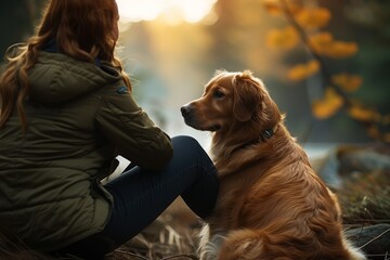  Woman sitting with golden retriever against autumn sunset.                  