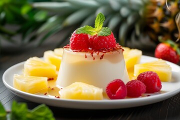  Italian panna cotta dessert with pineapple pieces and raspberries on top. 