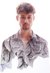 A graphical leafy full-front double exposure paintography male portrait - 739352081