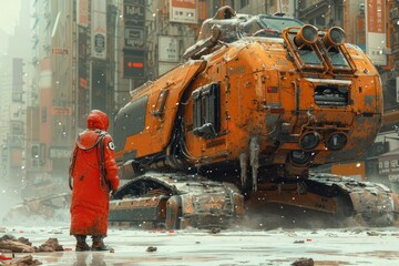 A brave firefighter braves the snowy streets in their vibrant orange vehicle, ready to transport them to any building in need of their life-saving skills