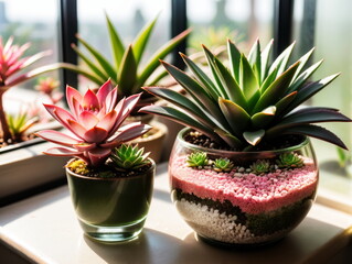 Home flowers in unusual pots on the windowsill. Compositions of succulents in glass vases decorated with white and pink sand. Green house plants. Side view, copy space.