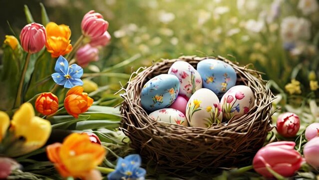 Colorful egg in nest with flower and blured background