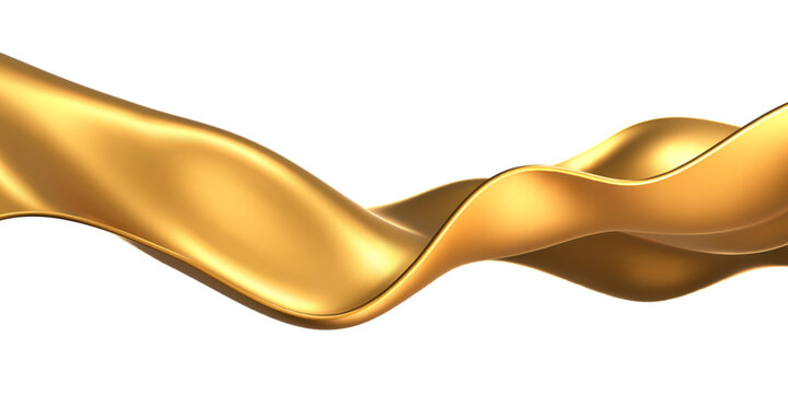 3d gold liquid wave, golden fluid silk ribbon isolated on light background. Render of luxury cloth or curtain with wavy folds and shiny gradient effect flying in motion. 3d vector motion background