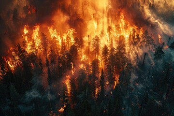 The fierce wildfire engulfed the serene forest, its blazing flames and billowing smoke creating a chaotic explosion of heat and destruction amidst the once peaceful outdoor haven