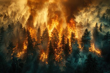 Nature's fury blazes through the forest, engulfing trees in an explosion of heat and smoke, leaving a trail of destruction in its wake - obrazy, fototapety, plakaty