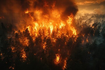 The raging wildfire engulfed the serene forest, unleashing a chaotic explosion of heat and smoke, polluting the once pure nature with its fierce flames